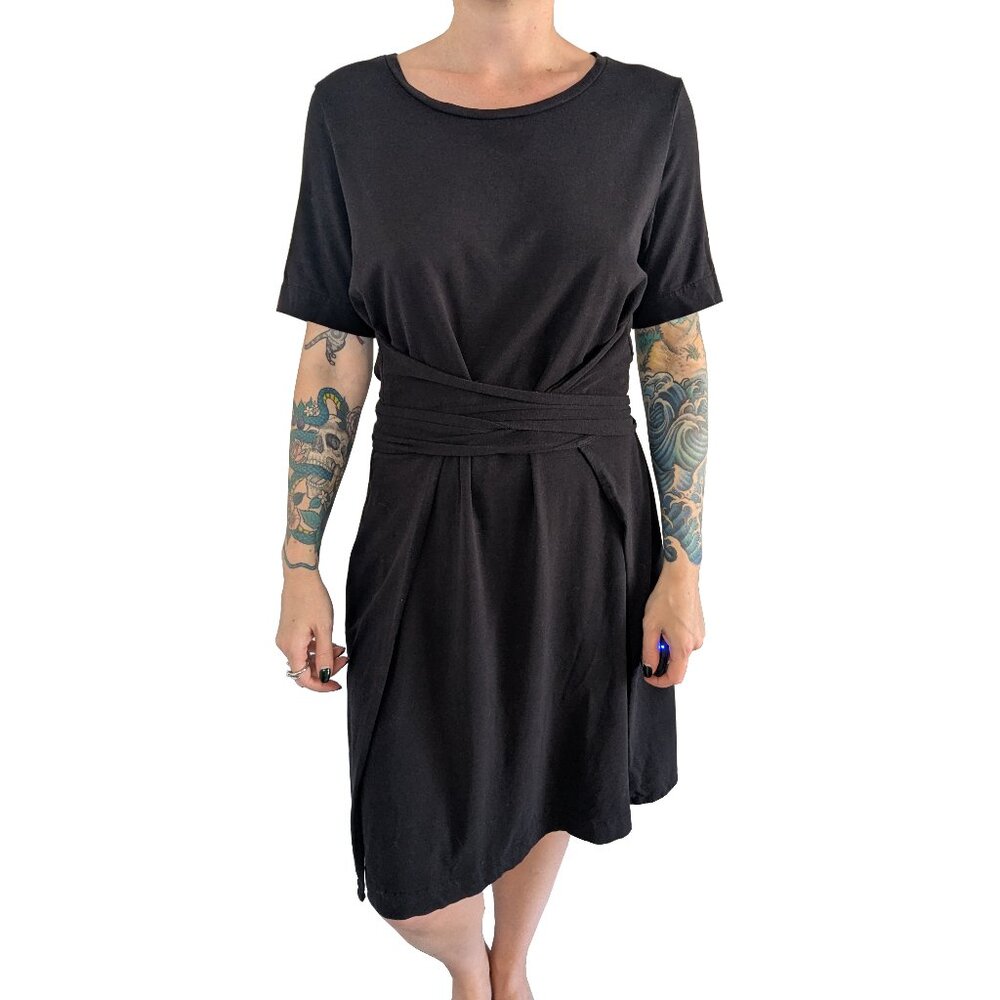 Cuyana Black Wrap Tie Waist T-Shirt Dress Knee Length | S